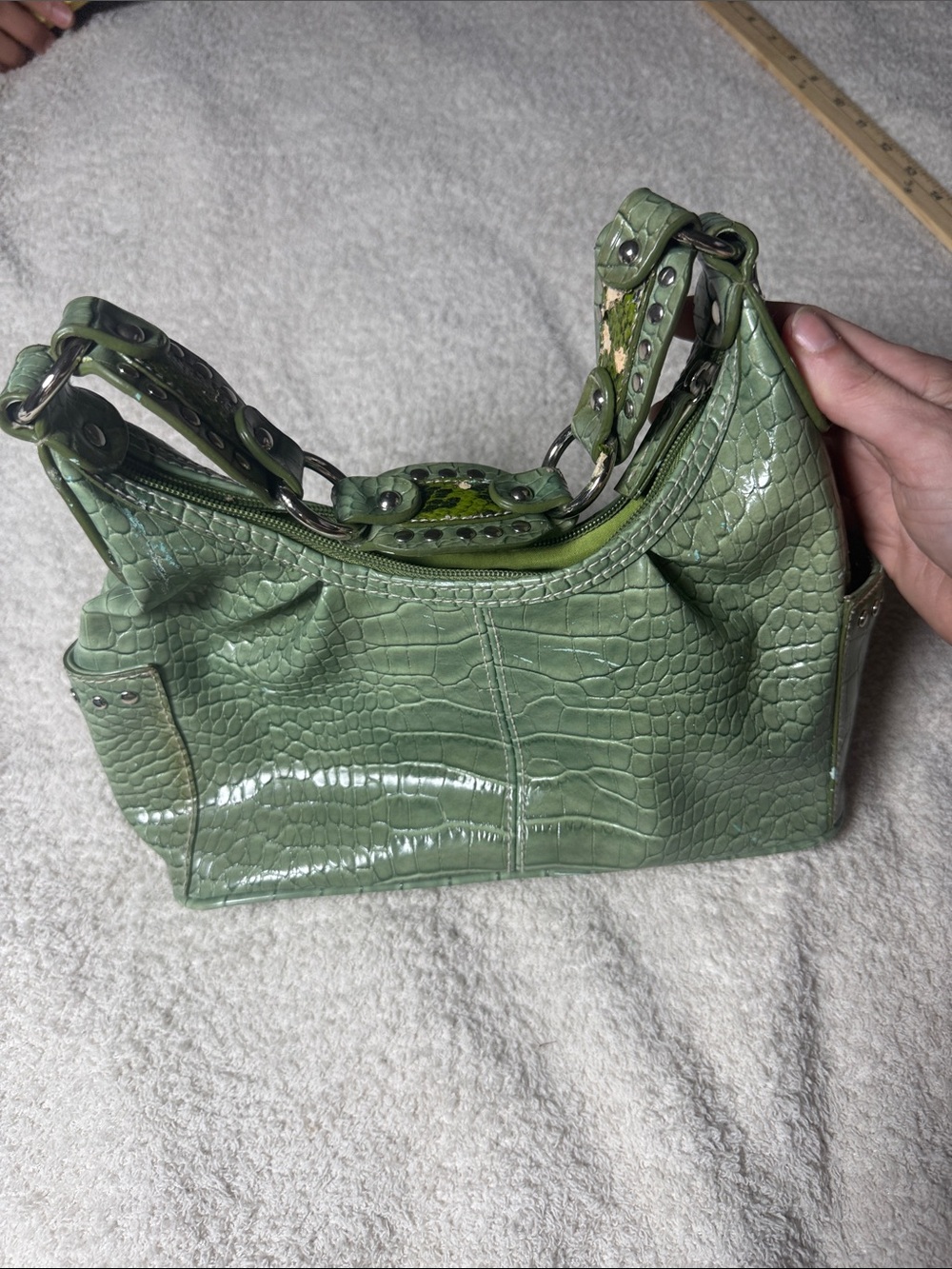 Bisou Bisou Y2K Green Croc-Embossed Shoulder Bag